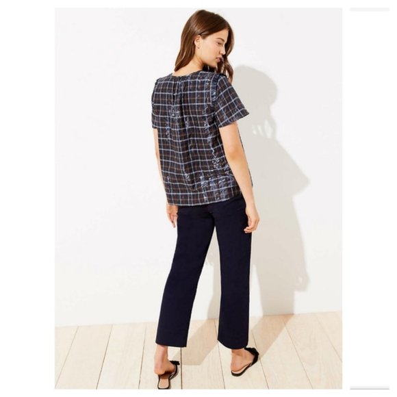 Plaid LOFT Short Sleeve Ruffle Shimmer Blouse Top (NWT) - Picture 3 of 4